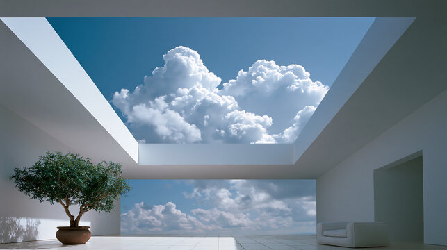 geometric white building cutout showing clouds and sky representing minimalist architecture and contemporary artistic design