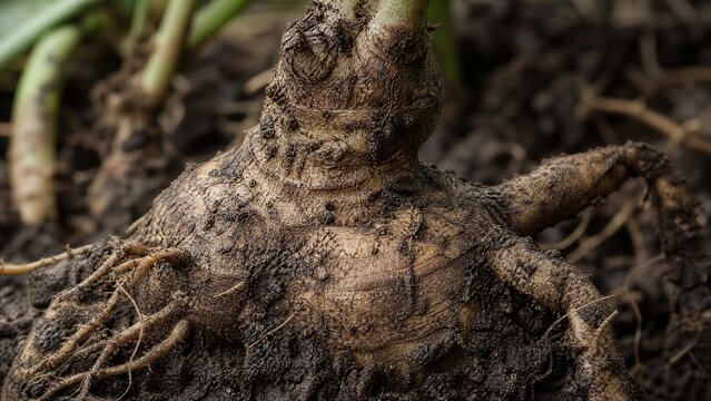 Close-up of a kava plant root with rough textured surface and fresh soil in natural earthy tones.