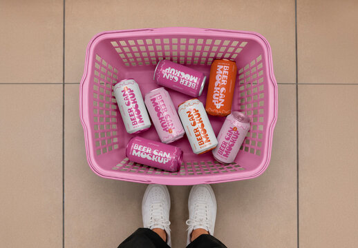 Retail Shopping Basket Beverage Cans Mockup