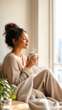 Serene woman in cozy loungewear holding a steaming cup by a bright window, enjoying a peaceful morning at home.