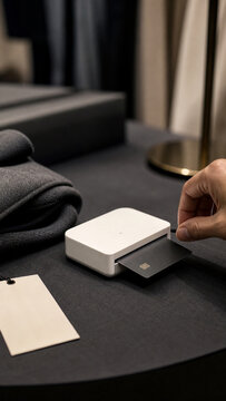 Close-up of a hand removing a black payment card from a compact white card reader on a dark retail counter with folded fabric and a blank price tag.