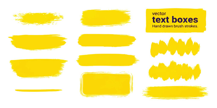 Set of yellow hand drawn paint brush strokes and text box banners for design