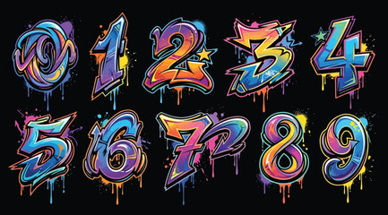 Set of colorful graffiti numbers 09, artistic spray paint style typography with paint splashes © S.Siam