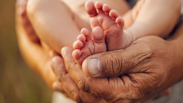 	
Tender moment as a father weathered hand gently cradles a newborn's tiny, soft feet, creating a powerful contrast between generations and a profound sense of protection, love, and new life concept