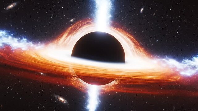 A colossal black hole warps space-time in deep cosmos, surrounded by a swirling orange accretion disk. Relativistic jets blast from its poles into the starry void with distant spiral galaxies drifting