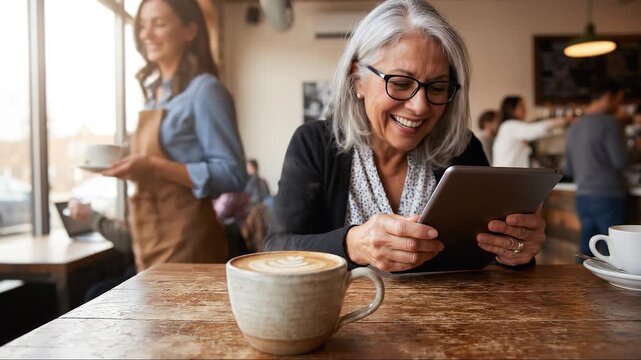 Smiling senior woman, wearing glasses and using a tablet in a warmly lit bustling cafe with steaming cup of coffee on an old wooden table in foreground