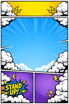 Comic book page template background with pop art halftone panels, blank blue sky speech clouds and stand up text expression