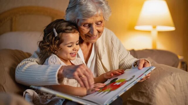 Elderly grandmother lovingly reads a colorful picture book to her young granddaughter having fun together in a cozy, warmly lit bedroom. Sharing a tender family moment of education and bonding