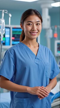 Poised nurse, young Asian woman wearing blue medical scrubs. Her dark hair is pulled back, highlighting a calm and professional expression. Medical and hospital background conveying modern healthcare