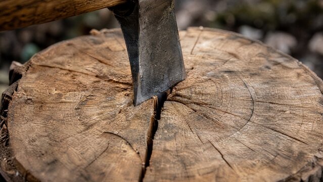 Axe blade embedded in center of round log, close-up impact point, outdoor light, wood grain detail.