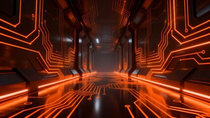 Fototapeta premium Futuristic corridor with glowing circuit patterns