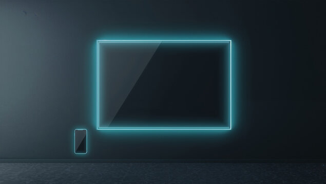 スマート額縁の透明画面がデジタル掲示を示す未来素材