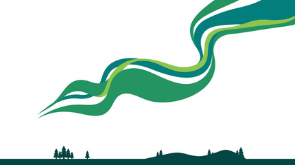 Green aurora borealis lights over forest silhouette illustration. © edna