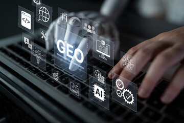 Obraz premium Digital marketing concept featuring GEO strategy, optimizing content for AI search engines and large language models. Evolution of SEO, brand authority, and AI citation visibility. Corpus