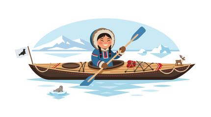 Indigenous person paddling a kayak in icy arctic water. © edna