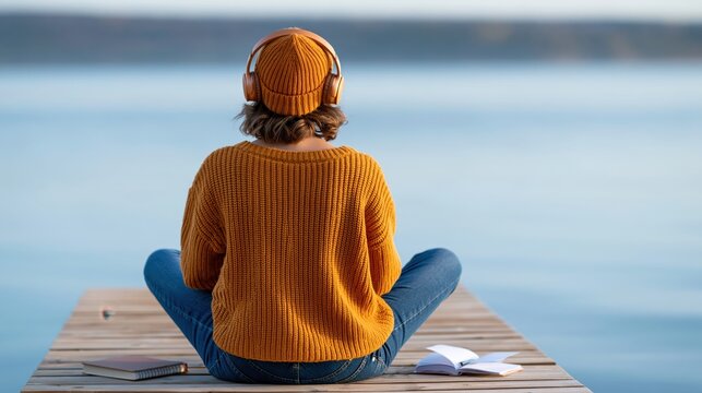 Person in headphones sits on a dock, journaling by the water