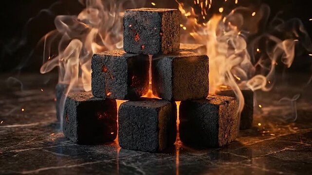 Glowing charcoal cubes stacked in a pyramid, emitting soft wisps of smoke against a dark, moody background on a textured surface.