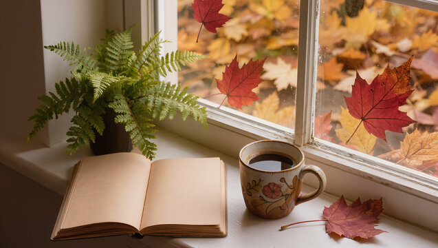 Cozy Autumn Window Scene with Book, Coffee, and Falling Leaves