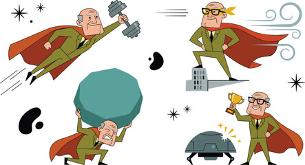 Funny Superhero Senior Citizen Vector Character Set with Elderly Businessman Flying Lifting Giant Boulder and Holding Trophy Over Defeated Robot © Abul