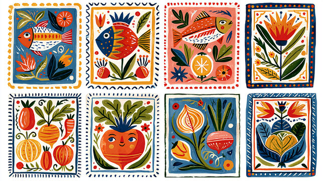 Folk Art Collection: A vibrant assortment of folk art illustrations featuring colorful fish, blooming flowers, and cheerful vegetables, all framed within decorative borders.