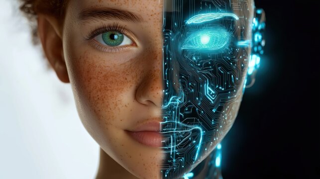 Half Human Half Cyborg Portrait of Young Person with Natural Features and Futuristic Cybernetic Enhancements.