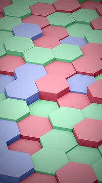 Vertical video. Colorful pastel hexagon grid background. 3D loop animation of moving pink, green and blue hexagons. Isometric geometric pattern.