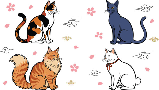 Japanese Ukiyo-e Style Cat Breed Vector Set Featuring Calico, Russian Blue, Maine Coon, and Japanese Bobtail with Sakura Cherry Blossoms