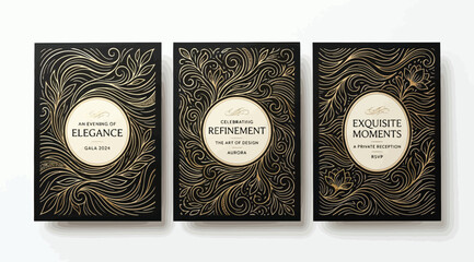 Set of six luxury invitation card designs with ornate gold filigree patterns backgrounds © S.Siam