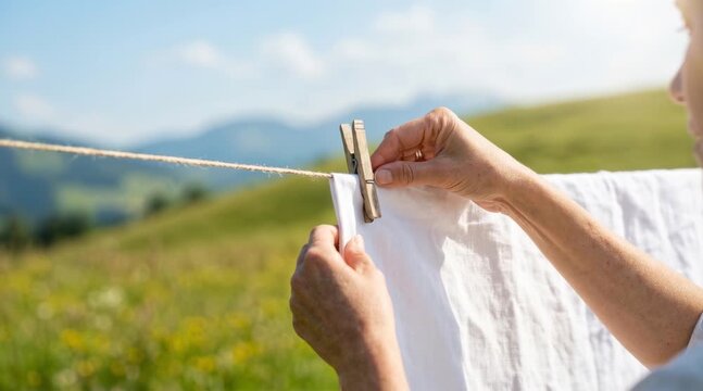 Hands pinning white linen to clothesline with wooden clothespin in sunny mountain landscape