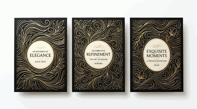 Set of six luxury invitation card designs with ornate gold filigree patterns backgrounds