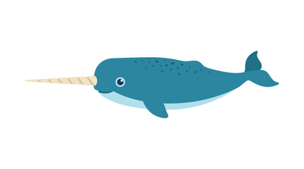 Cute blue narwhal swimming on white background illustration. © mohamed