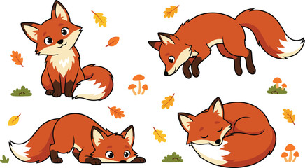 Naklejka premium Cute Cartoon Red Fox Character Set with Poses of Sitting, Pouncing, Stalking, and Sleeping Curled Up with Autumn Leaves and Mushrooms