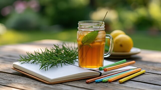 Refreshing iced tea on a sunny backyard table with colored pens and notebook