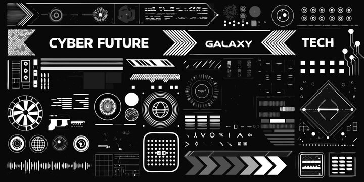 Cyberpunk Tech Elements White Vector Illustration On Black Background
