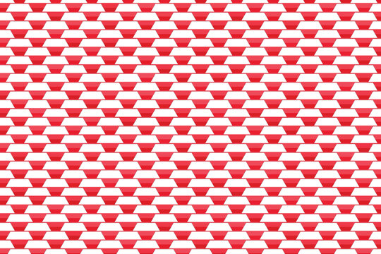 Geometric pattern of interlocking red and white triangular blocks interlocking shapes 3d blocks