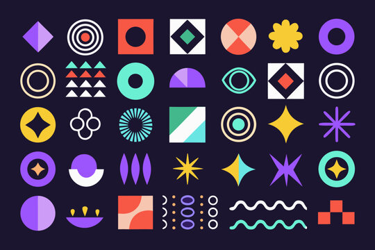 Abstract geometric shapes collection vibrant vector illustration on dark background