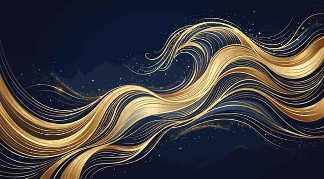 Abstract art deco background with flowing gold lines on dark blue
