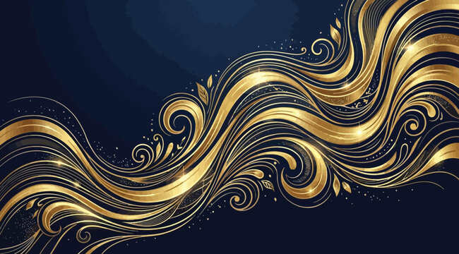Elegant golden wave pattern on dark blue background, luxury abstract flowing lines with floral swirls