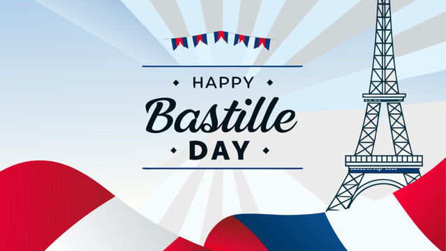 Happy bastille day greeting with eiffel tower and french flag