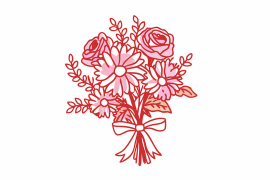Floral bouquet illustration in a minimal line art style pink and red tones