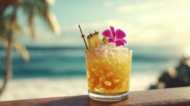 A refreshing cocktail served on a beach setting with blue ocean and palm trees in the background.