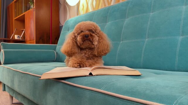 Brown toy poodle resting on center-front of teal sofa with open book during cozy interior sequence