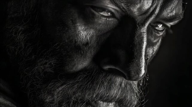 A man with a rugged beard and intense expression gazes off to the side. His face is weathered and he has an unshaven appearance, suggesting a long journey or hardships endured.