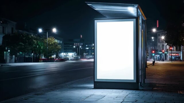Bus stop at night with empty bench and dark surroundings.