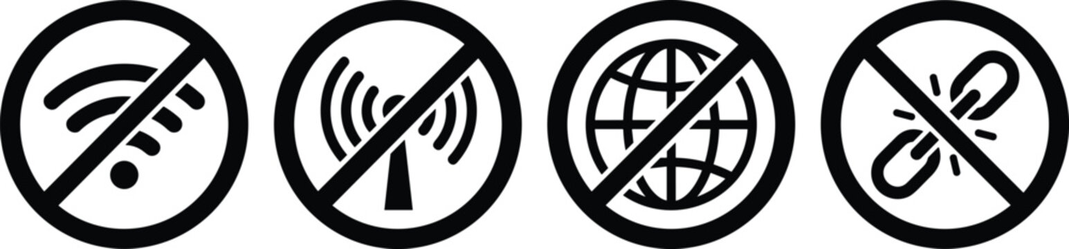 No internet connection and offline network error prohibition signs vector set featuring restricted wireless wifi tower signal globe and broken link silhouettes.