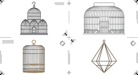 Vintage Gothic Bird Cage Vector Set Featuring Ornate Wire Enclosures and Geometric Diamond Hanging Planter Terrarium Elements © Lal