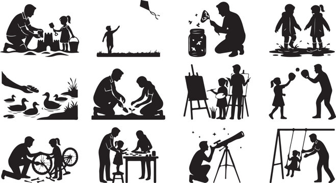 Set of silhouettes of parents and children doing various activities together