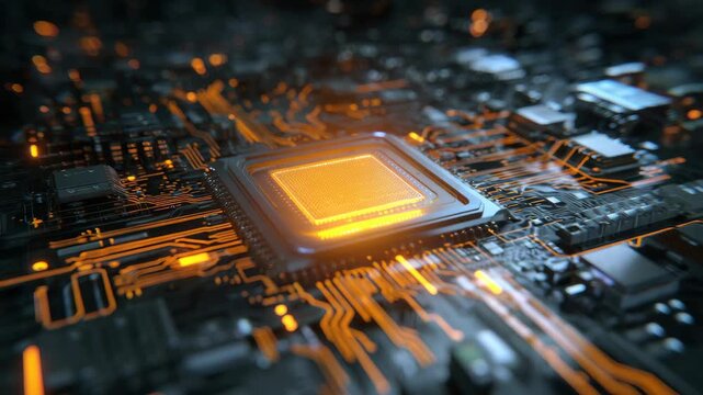 An up-close view of a circuit board featuring an illuminated CPU chip. The intricate design of the PCB showcases electronic engineering and technology advancement.