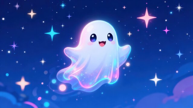 Cute cartoon ghost in starry sky