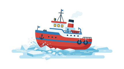 Red icebreaker ship sailing through arctic ice floes. © flat.vector